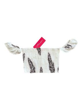 NWT Mundefeis Boho Smocked Off-The-Shoulder Crop Top Pink Feather Size Large